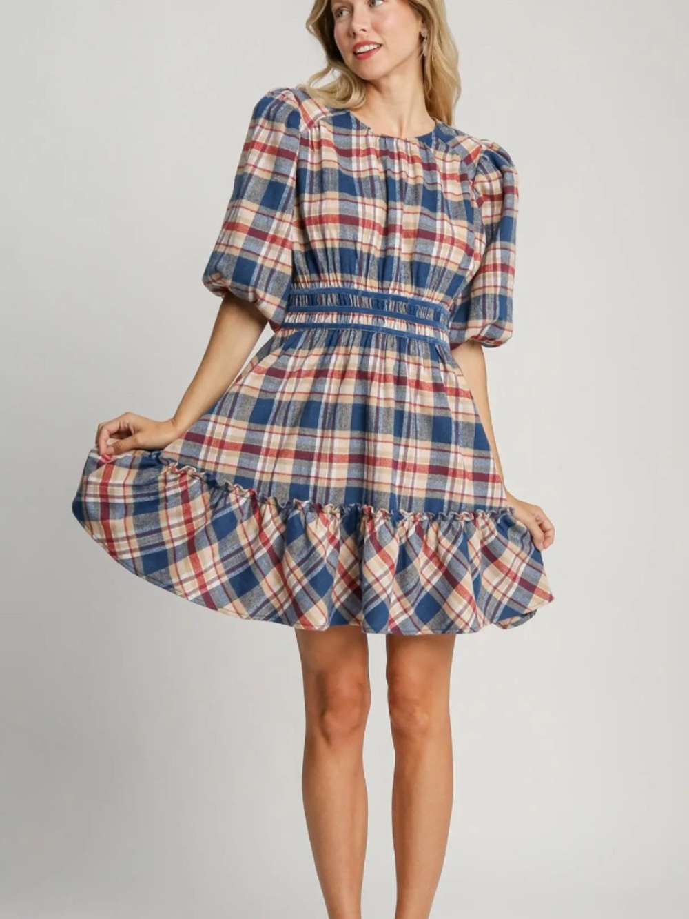 Umgee Plaid Puff Sleeve Mini Dress NWT | Americana Picnic Cottagecore